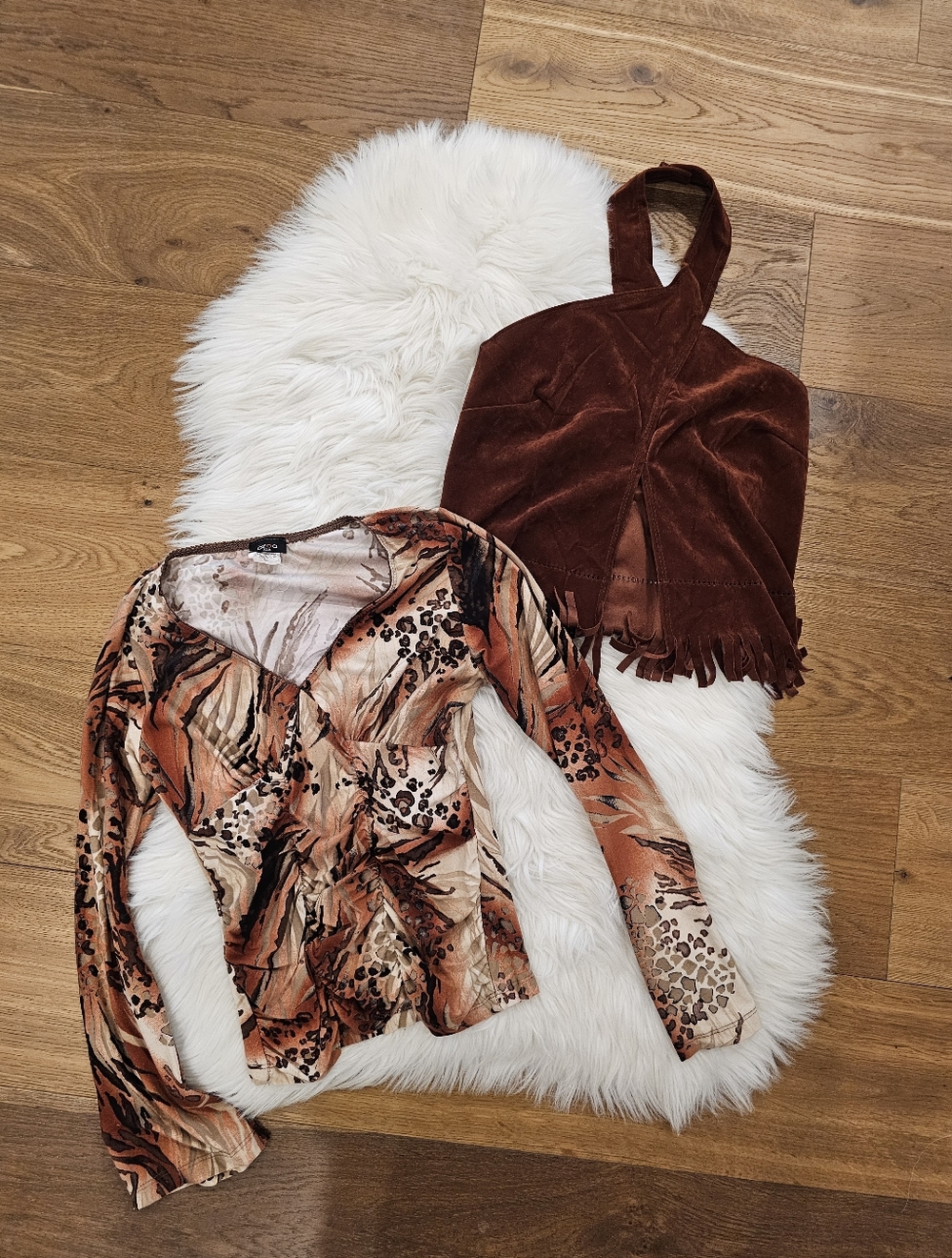 Vintage Brown Suede Halter Top and Rust Animal-Print Long Sleeve Top - Women